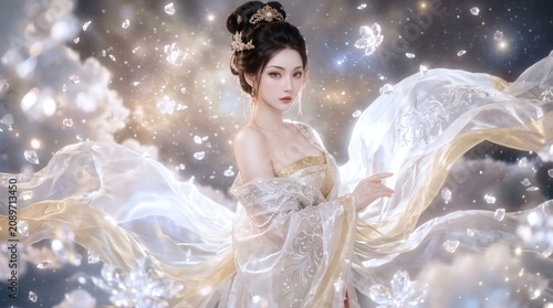 A beautiful woman dressed in a white gown with gold accents floats amidst sparkling particles and ethereal lights.