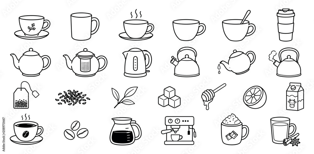 Fototapeta premium Set of black and white line art icons showing tea and coffee making equipment, drinks, and ingredients like lemon, honey, and milk in a simple doodle style illustration