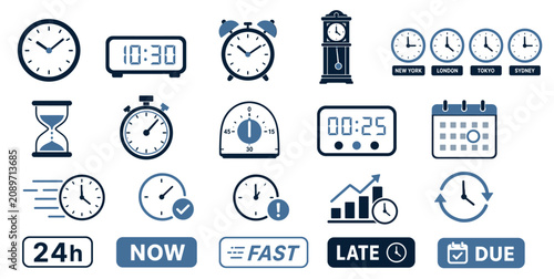 Large collection of blue time-related icons including clocks, calendars, timers, and hourglasses representing concepts like deadlines, scheduling, and productivity in a flat design style