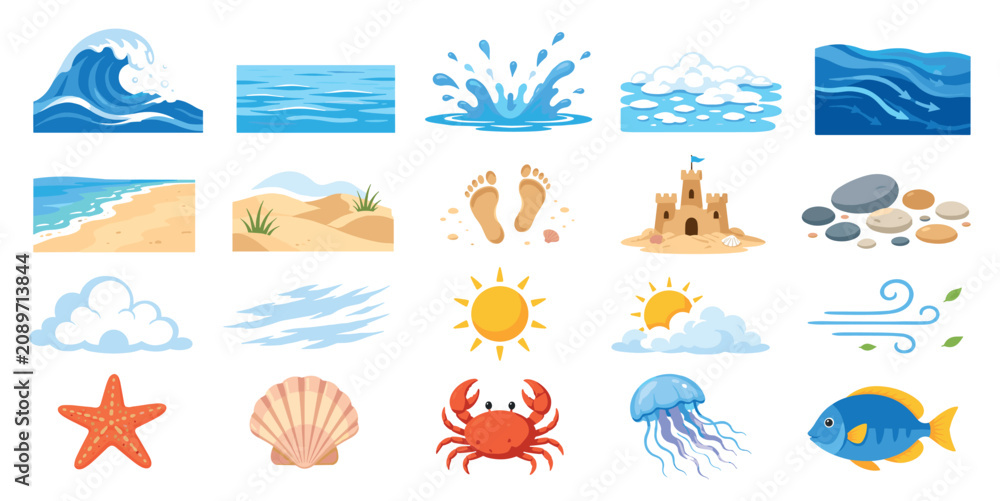 Fototapeta premium Colorful collection of summer and beach-themed vector illustrations including a big wave, sandcastle, sun, crab, jellyfish, and other seaside nature elements