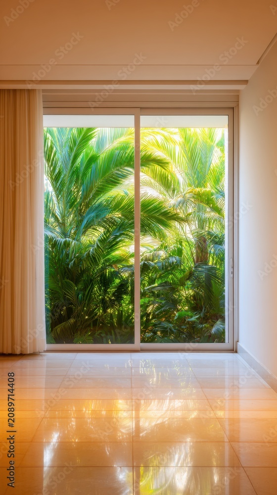 Fototapeta premium A serene interior space with sliding glass doors revealing lush green foliage outside