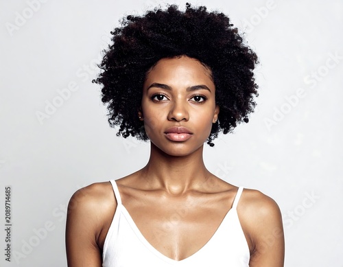 Portrait of a woman with natural curly hair outdoors.