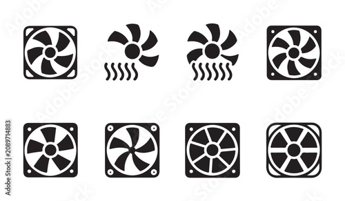 Foto Computer case cooling fan vector silhouettes with thermal dissipation airflow indicators