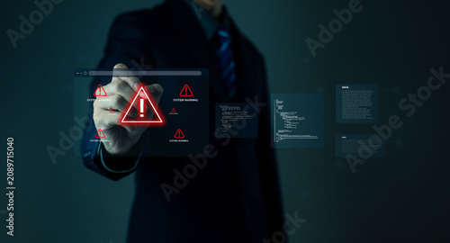 Warnings exclamation mark alerts in computer systems to be aware of the dangers and risks of cyberattacks on the Internet. Malicious software to secure online logins on websites