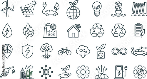 Bild auf Leinwand Green energy renewable ecology environmental sustainability line icon set for ec