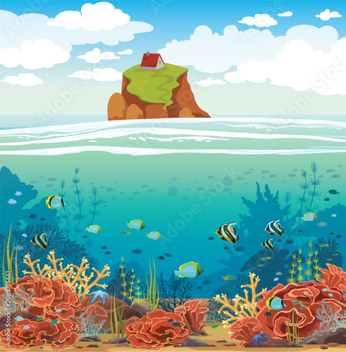 Vector illustration with underwater seascape and lonely island with house. Nature image with wildlife -  coral reef and fishes. 
