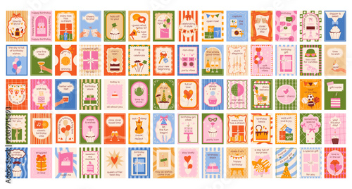 Birthday card mega collection with disco ball, gift box, cocktail glass, cake, champagne toast, hand drawn vector, colorful flat style for adults and youth greeting poster, party invitation