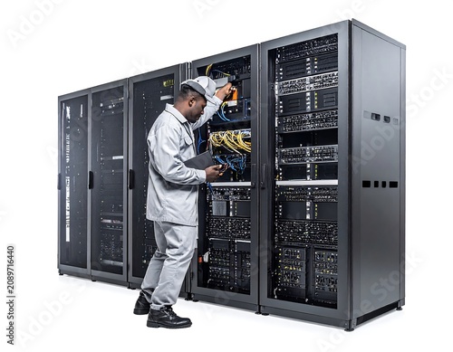 Technician inspecting server rack in data center.