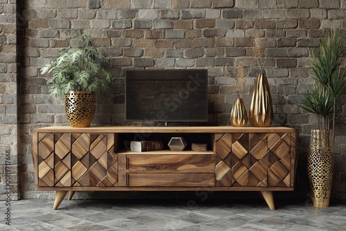 Wooden media console with gold vases and plants stands before brick wall.