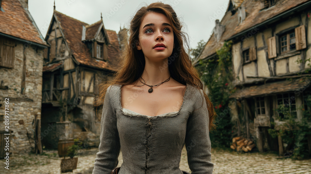 Fototapeta premium Europe medieval lifestyle. A vivid portrayal of a young woman standing in a picturesque medieval village. She wears a textured, gray dress with a deep Vneckline and a delicate necklace. Her long.