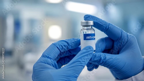 Close up of medical professional holding anti cancer vaccine vial in hands with blue gloves in hospital