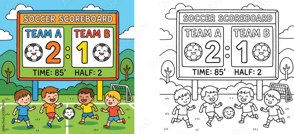 Fototapeta premium Kids playing soccer match with scoreboard coloring book page and colorful vector illustration set for children recreation activity