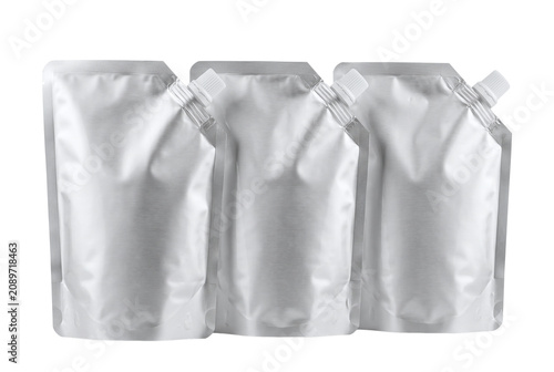 Fotografie Three blank silver spout pouch mockups standing in row