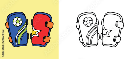 Bild auf Leinwand Kids soccer shin guards illustration set with colored cartoon vector and black and white line art coloring page