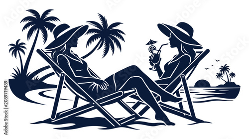 Bilde på lerret Two women relax on beach chairs.