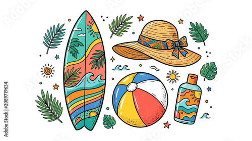 Foto Colorful beach summer vacation accessories.