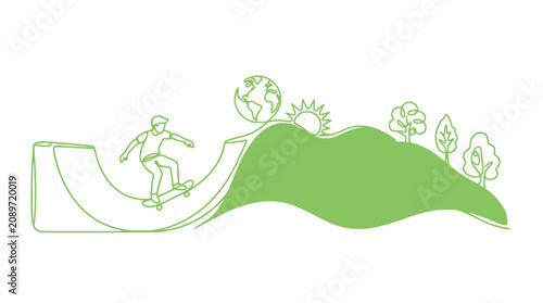 Konstfotografi Skateboarder performs trick on ramp with eco-friendly landscape, sun, and globe