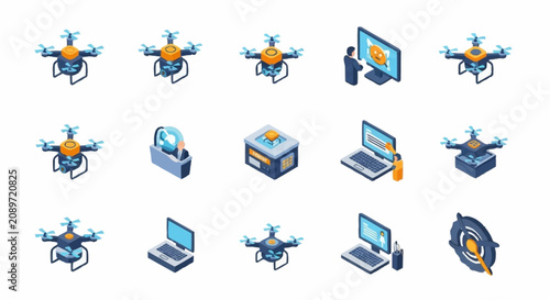 Photography Flat design icons of drones, computers, and technology devices.