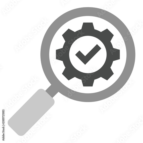 Gray magnifying glass icon with gear and check mark inside circle icon