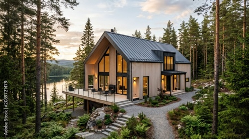 Glass and steel mansion with infinity pool overlooking serene forest lake at dusk