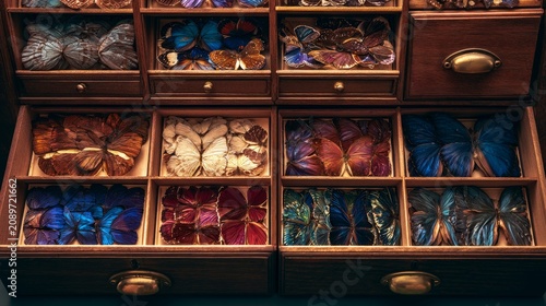 Close Up of Antique Scientific Collection of Butterfly Specimens in Wooden Cabinets