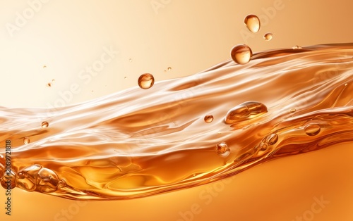 Shimmering Liquid Beauty Product with Bubbles and Warm Background in Soft Lighting