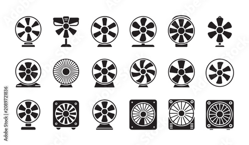Collection of various black electric desk fans and portable cooling ventilation equipment.