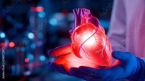 Doctor holding a glowing digital human heart model. Medical expert using futuristic cardiological technology for organ research. Innovation in cardiovascular care.