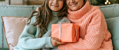 Heartwarming Family Scene of Smiling Mother and Daughter Sitting Together with Gift