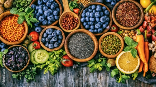 Colorful Healthy Food Arrangement with Fresh Fruits, Vegetables, and Grains for Wellness Appeal