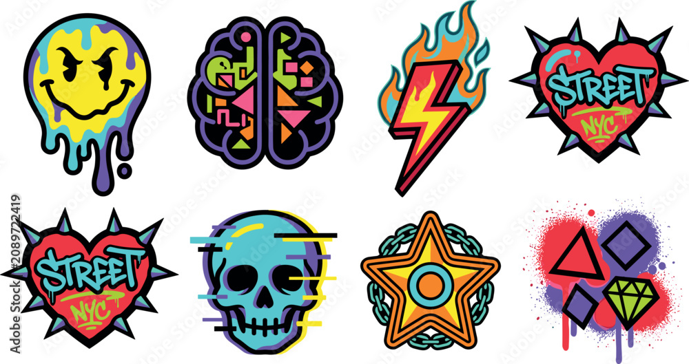 Fototapeta premium Edgy Streetwear Graphic Vector Element Set Featuring Melting Smiley Brain Glitch Skull Flaming Lightning Spiked Heart and Graffiti Star Icons