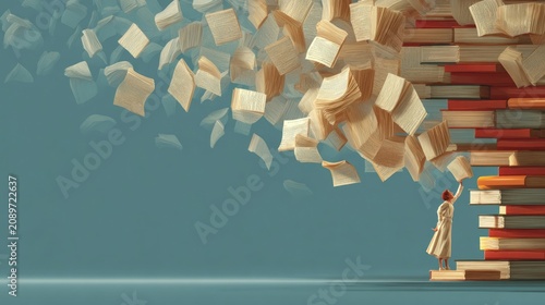Librarian stacking books on lung health, pages fluttering clean air