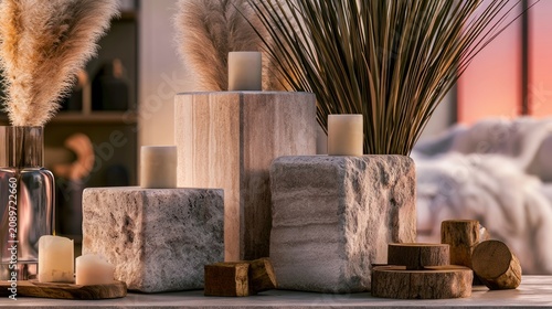 Elegant Decorative Arrangements with Natural Elements and Soft Lighting in Modern Interior Design