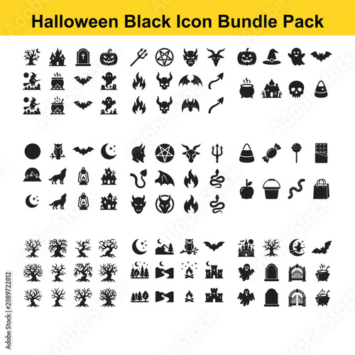 Halloween Themed Black and White Icon Set Isolated Transparent Background