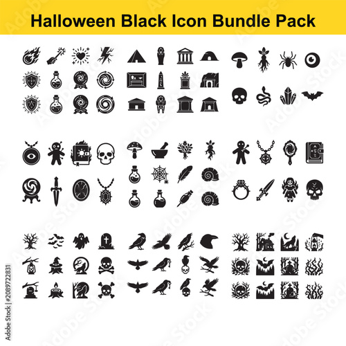 Halloween themed black and white icon bundle pack graphics