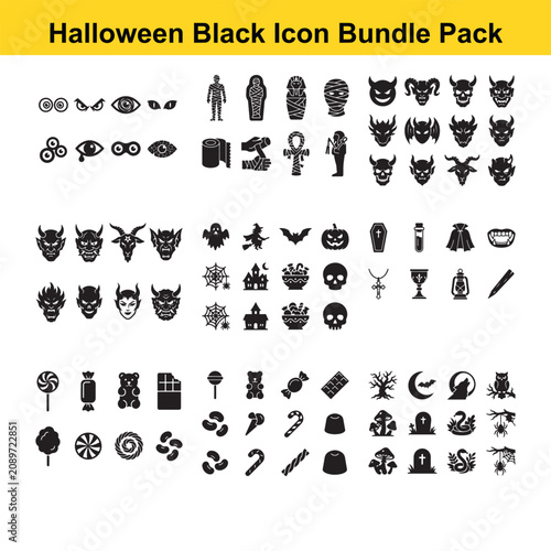 Halloween Themed Black and White Icon Set Isolated Transparent Background