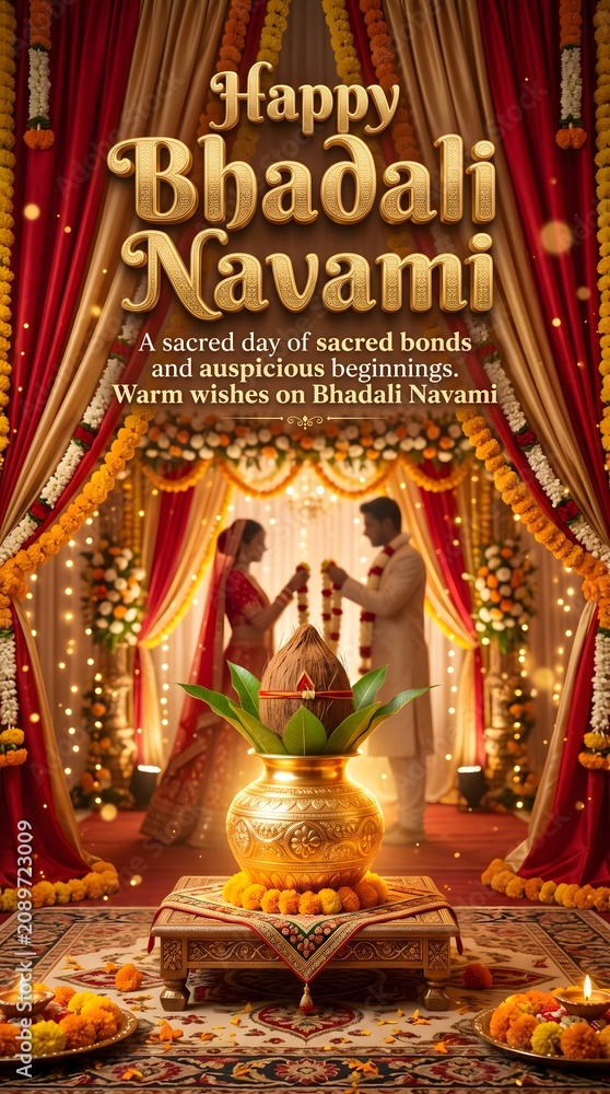 Fototapeta premium Festive bhadali navami celebration poster with traditional kalash with decorative table foreground