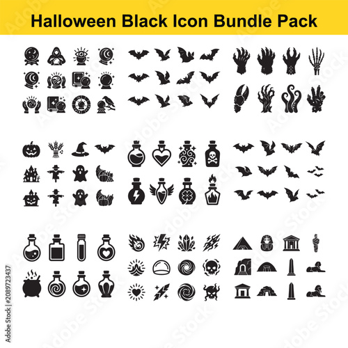 Halloween Themed Black Icons Set Isolated Transparent Background Vector Graphics