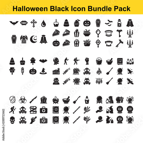 Halloween Themed Black Icons Set Isolated Transparent Background