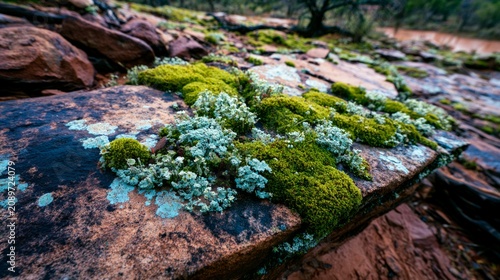 Vibrant Ecosystem with Green Moss and Plants Flourishing on Rocky Soil Surface