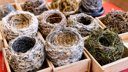 Natural Woven Bird Nests in Wooden Boxes for Display and Decoration Purposes