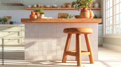 Cozy Kitchen Scene with Wooden Stool and Decorative Elements in Natural Light