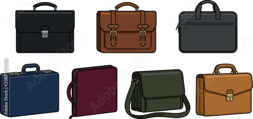 Professional Business Briefcase Vector Icon Set Featuring Leather Messenger Bags Office Portfolios Attache Cases and Laptop Handbags Graphic Design