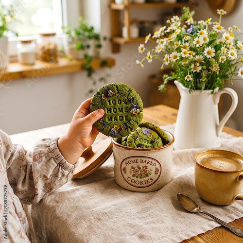 Homemade Green Cookies in Rustic Kitchen With Child Hand, Morning Coffee and Wild Daisies