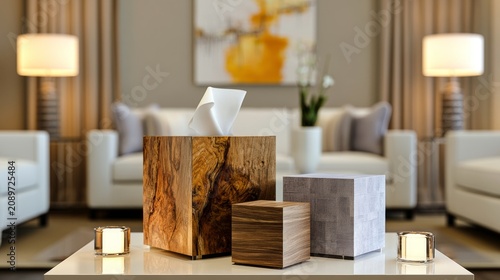 Stylish Tissue Box Display in Modern Living Room with Soft Lighting and Contemporary Decor
