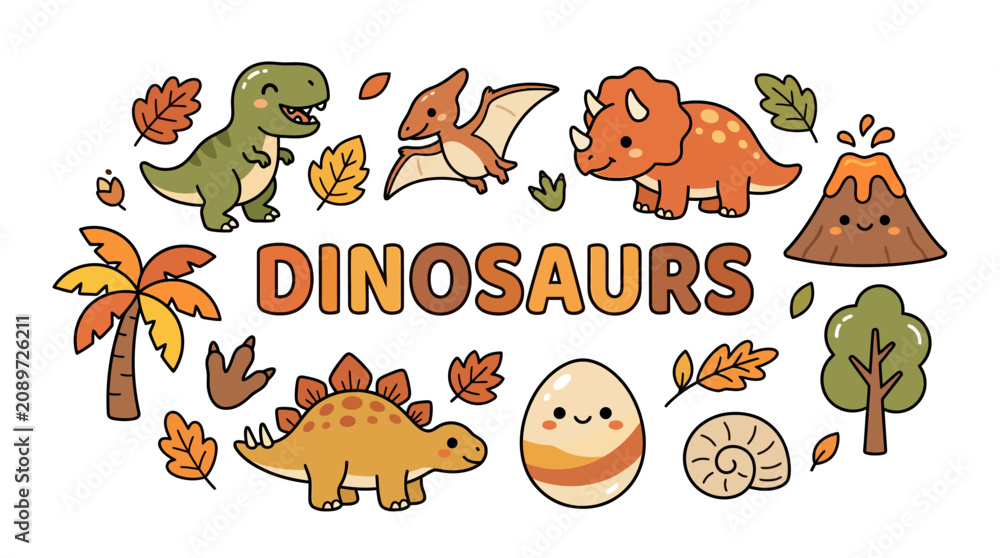 Obraz premium Cute hand drawn dinosaur collection with prehistoric elements and text.