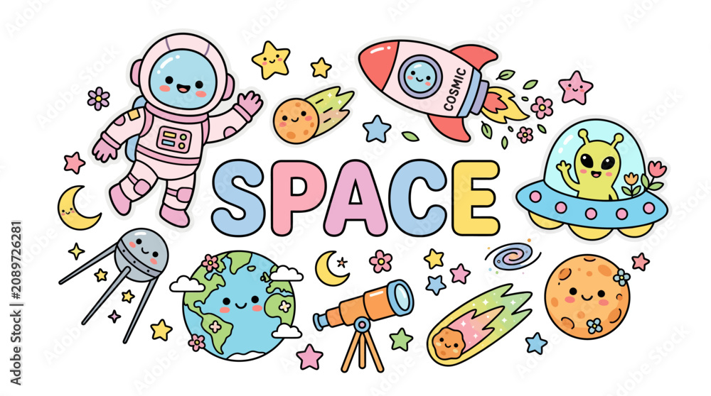 Fototapeta premium Cute hand drawn doodle illustration of outer space elements and astronaut.