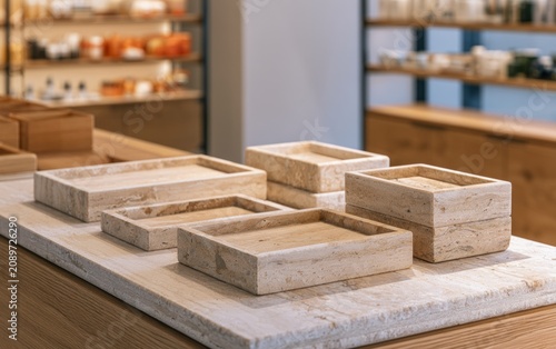 Natural Stone Trays Displayed on Modern Counter in Bright Store with Minimalist Decor