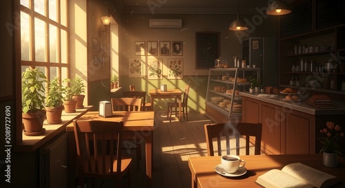Cozy coffee shop interior with warm sunlight on world photography day