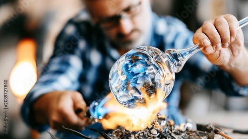 Artisan Glassblower Shaping Molten Crystal into Exquisite Artwork in a Workshop Environment